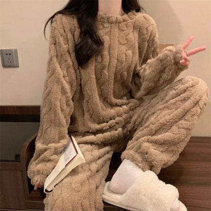Autumn Winter Sweet Coral Fleece Pajamas Women Fleece-lined Thickened 2025 New Zip-up Flannel Warm Home Wear Set
