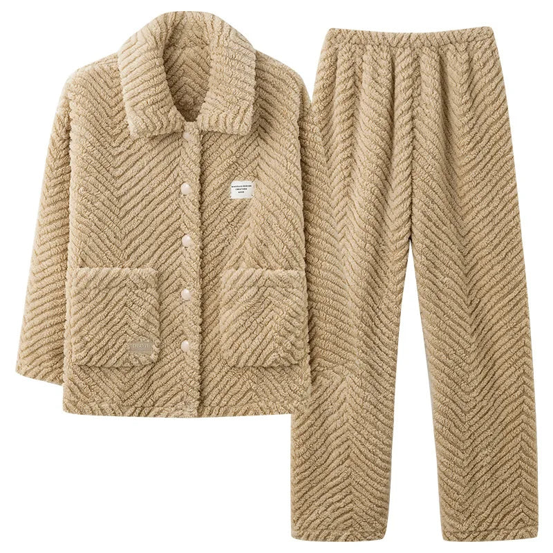 Warm Flannel Sleepwear Set for Women Long Sleeve Long Pants Casual Collar Can Be Worn outside Home Clothes Winter Collection