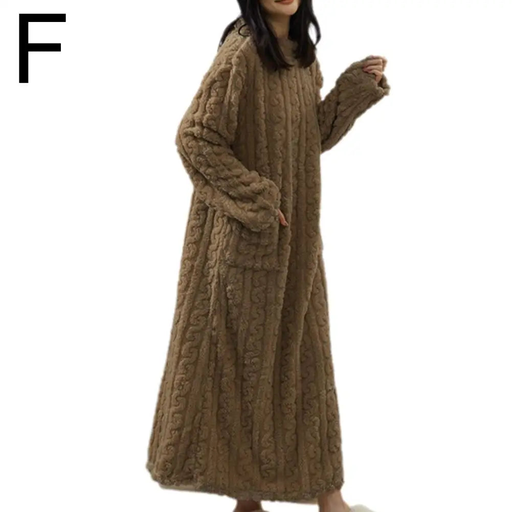 Winter Long Sleeve Flannel Nightgowns Women Loose Double Pocket Solid Sleepwear Jacquard Night Dress Thickened Warm Nightdress