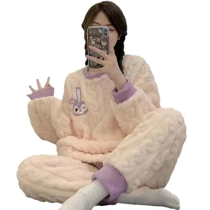 2024 New Women's Sleepwear Autumn/Winter Thickened Fleece-Lined Sweet Cute Coral Velvet Home Suit Cross-Border