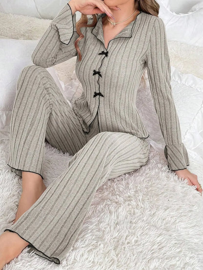 2025 Autumn Winter Warm Sleepwear Women Pajamas Set Lapel Bow Flannel Loose Long Sleeve Tshirt Tops and Trousers Home Suit
