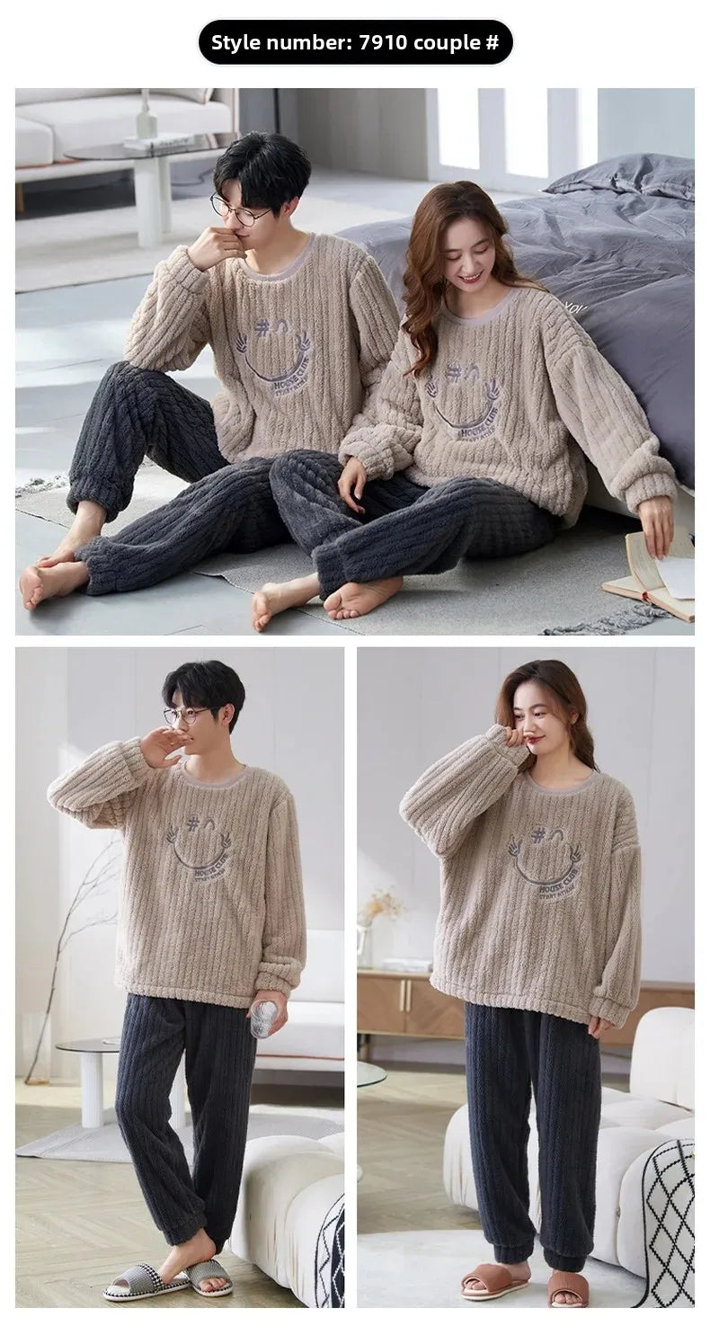 Thickened Coral Fleece Long Sleeve Sleepwear for Couples Spring Autumn Winter Flannel Warm Home Clothes Men Women Winter Home Py