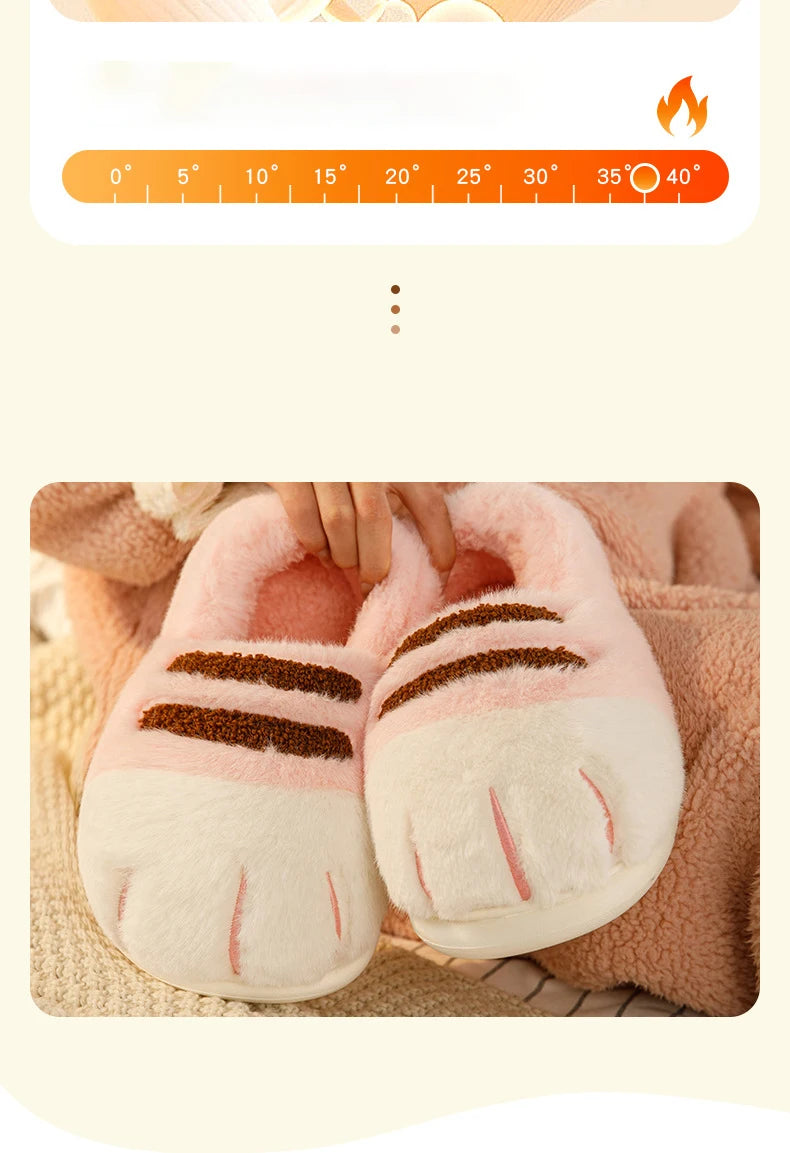 Winter Couple Cat Paw Slippers, Plush Fleece Lined Thick Thermal Home Shoes, Non-Slip Indoor/Outdoor Unisex Anti-Cold House Slid