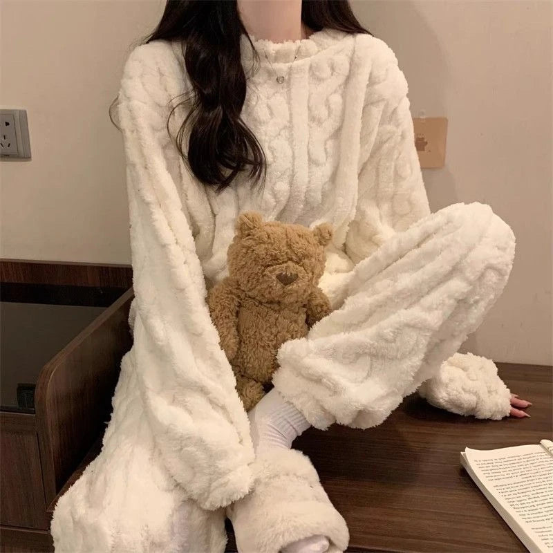 Autumn Winter Sweet Coral Fleece Pajamas Women Fleece-lined Thickened 2025 New Zip-up Flannel Warm Home Wear Set