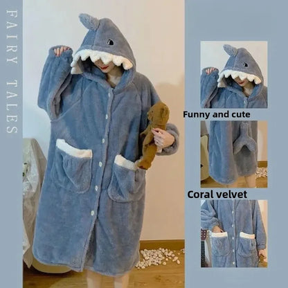 Cute Plush Bear Robe Women's Autumn Winter Coral Fleece Thickened One-Piece Sleepwear Home Clothes Robe Comfortable Homewear