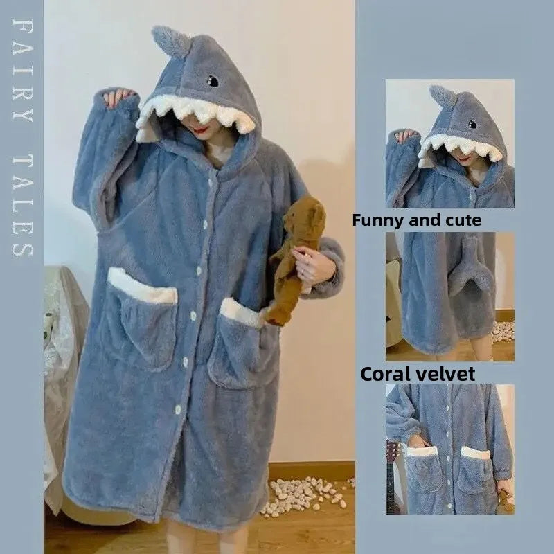 Cute Plush Bear Robe Women's Autumn Winter Coral Fleece Thickened One-Piece Sleepwear Home Clothes Robe Comfortable Homewear