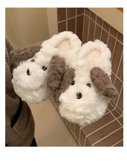 Short Fur Slippers for Women Winter Warm Furry Cozy Cotton Shoes for Home Indoor Cute Dog Couples Antiskid Slippers