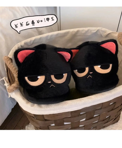 Winter black unhappy kitty slippers women men indoor home slides shoes ladies fun fuzzy kitten slipper cat lovers indoor shoes