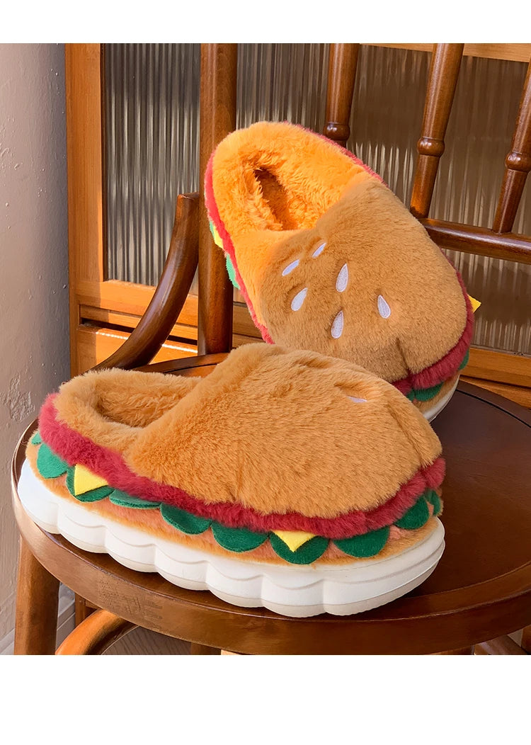 Hamburger cotton slippers for women in winter, new home bag and warm plush couple cotton shoes for women