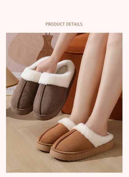 Women's plush slippers winter outdoor, thick sole non-slip fur flip flops with fur collar, warm unisex house shoes for home use