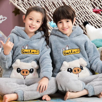 Winter Kids Fleece Pajamas Panda Children Clothing Sets Thick Hooded Pijamas for 4 6 8 12 Years Animal Cartoon Warm Home Clothes