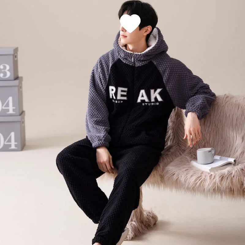 2025 Autumn Winter Coral Fleece Thickened Flannel Sleepwear Home Clothes Set for Men Breathable Long Sleeve Long Pants Pajamas