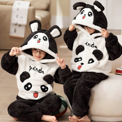 Winter Kids Fleece Pajamas Panda Children Clothing Sets Thick Hooded Pijamas for 4 6 8 12 Years Animal Cartoon Warm Home Clothes
