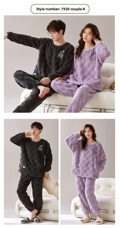 Thickened Coral Fleece Long Sleeve Sleepwear for Couples Spring Autumn Winter Flannel Warm Home Clothes Men Women Winter Home Py