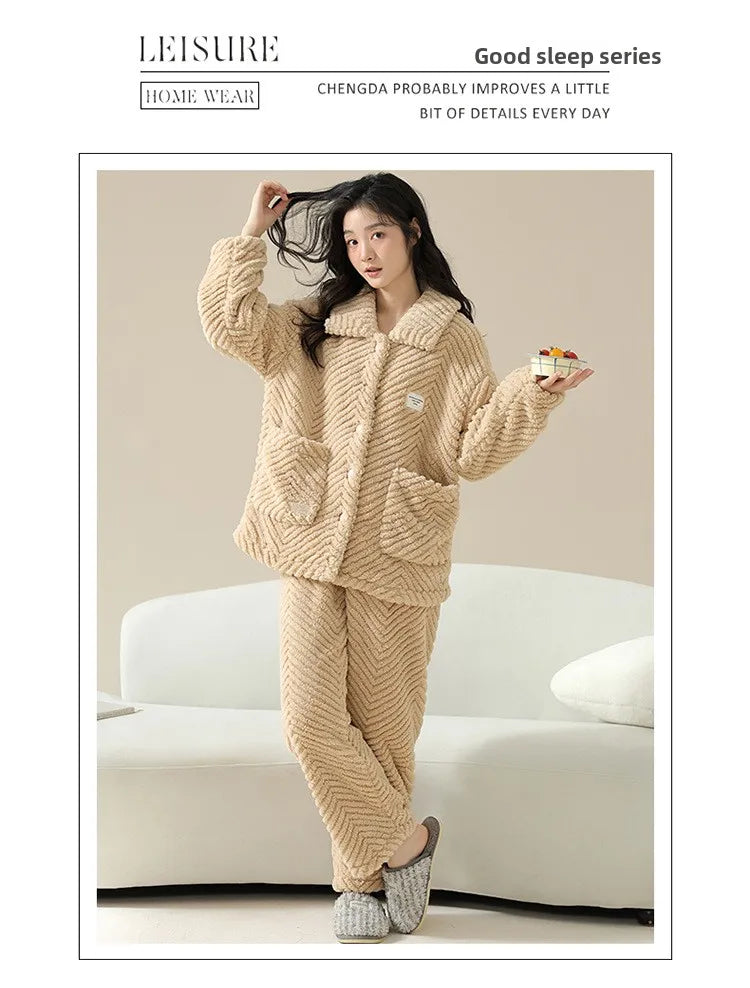 Warm Flannel Sleepwear Set for Women Long Sleeve Long Pants Casual Collar Can Be Worn outside Home Clothes Winter Collection