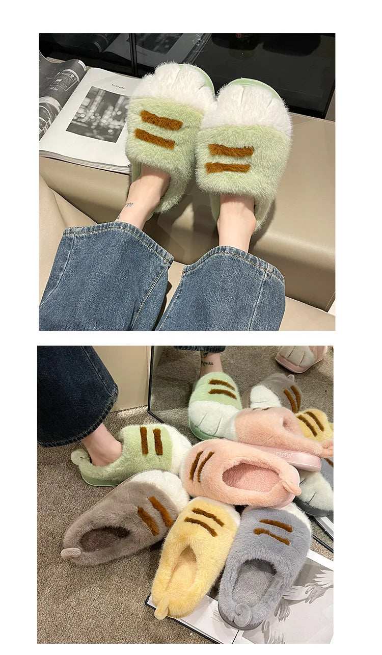 New Adorable Kitty Claw Slippers Women's Home Shoes Non Slip Furry Mules Female Fashion Warm Fluffy Slides Outdoor Cat Slippers
