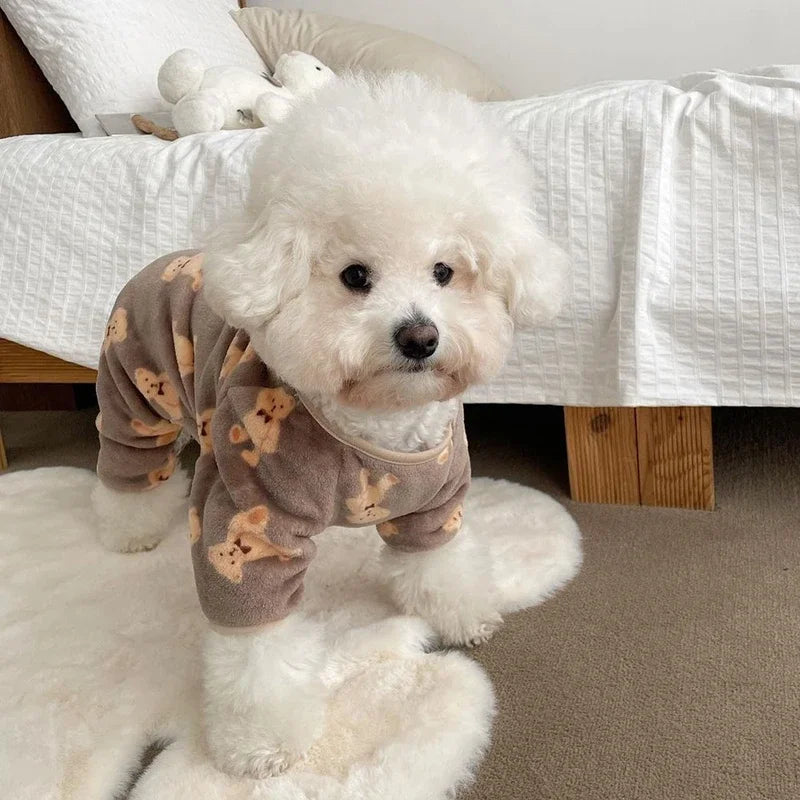 Adorable Bear Print Pet Onesie Sweater Soft Flannel Four-Legged Suit for Dogs And Cats Autumn Winter Pet Clothing
