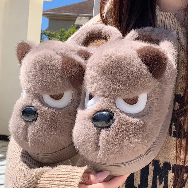 Husky Dog Faux Fur Couple Winter Slippers Chunky Platform Non Slip House Shoes Woman Comfort Fluffy Plush Outdoor Slippers Women