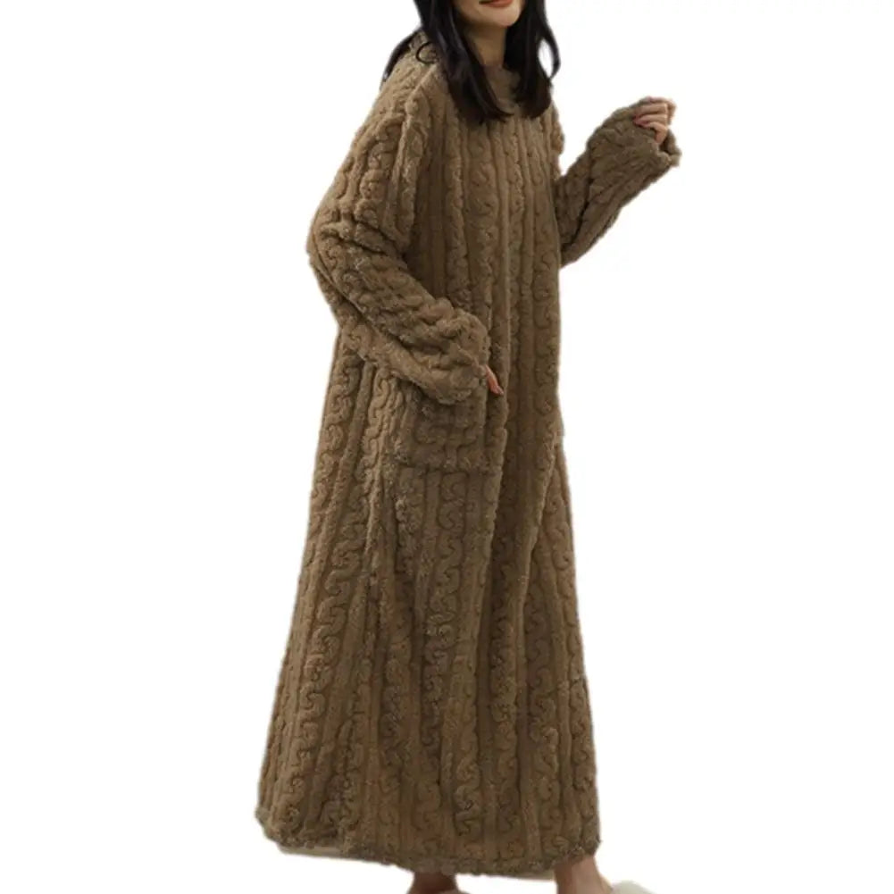 Winter Long Sleeve Flannel Nightgowns Women Loose Double Pocket Solid Sleepwear Jacquard Night Dress Thickened Warm Nightdress