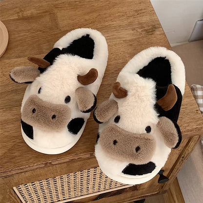 Gacimy Winter Plush Slippers For Women Cute Milk Cow Fluffy Cotton Shoes Girls Fashion Cartoon Indoor Warm Comfortable Slippers