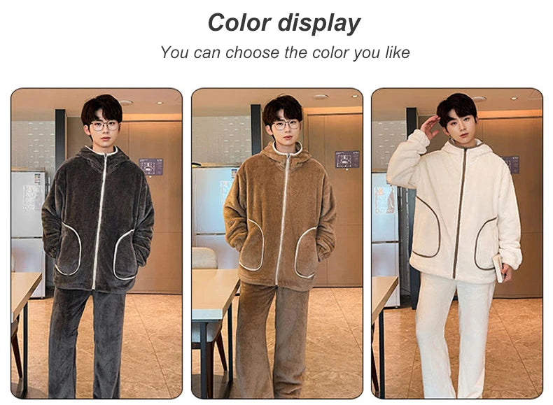 6XL 7XL 8XL Winter Men's Hooded Homewear Heavy Plus Velvet Zipper Cardigan Plus Size Pajamas Pants Keep Warm White Black Suit