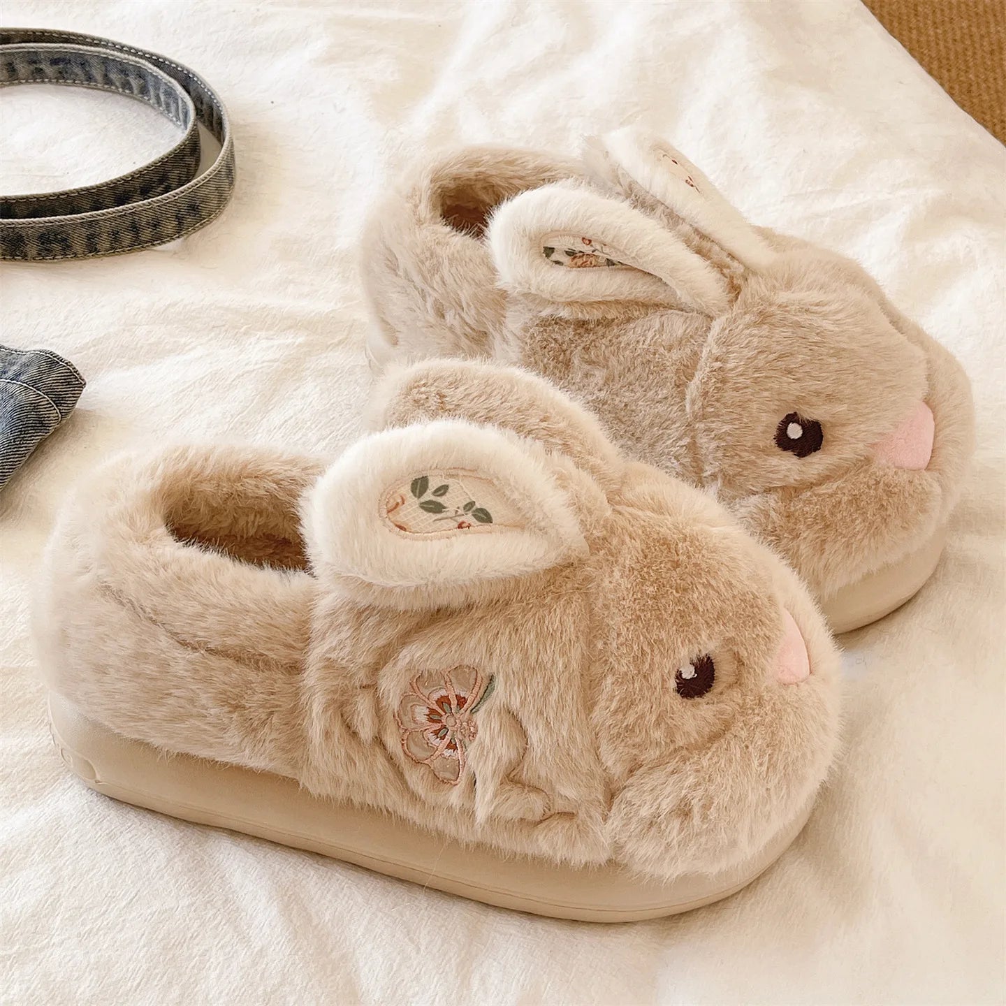 Cute Rabbit Embroidery Cotton Slippers Women's Winter New Style Indoor Home Anti-slip Warm Plush Wrapped Heel Cotton Shoes Ou...