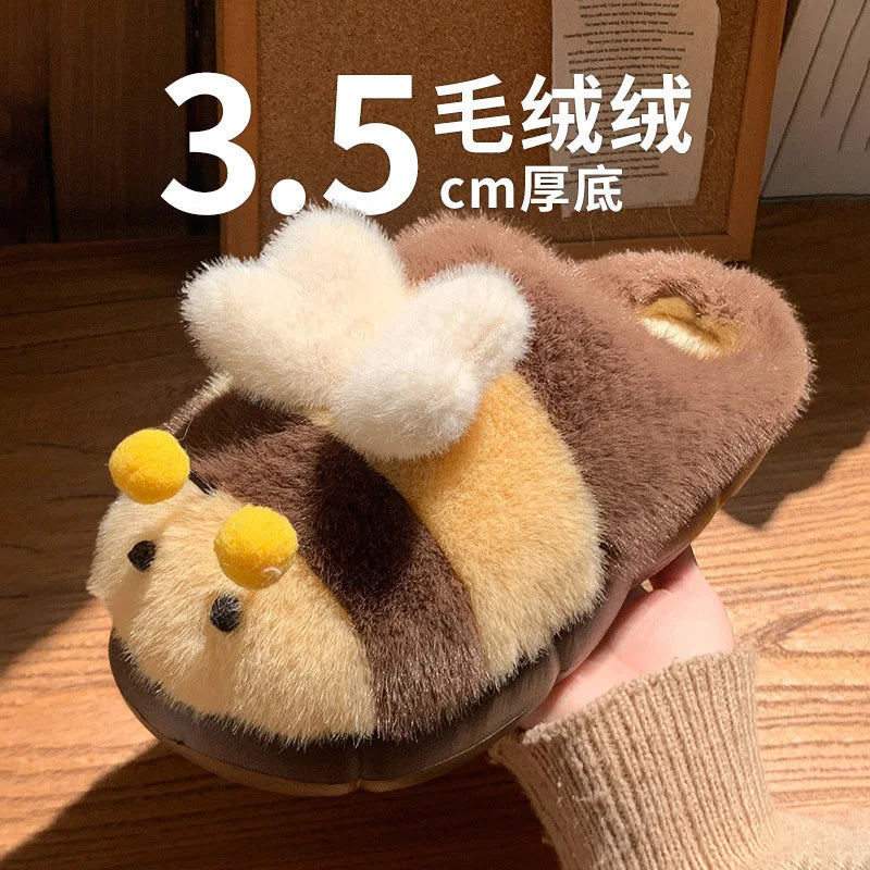 Cute Bee Winter Home Plush Slippers Women's Cotton Slippers Low Heel Soft Bottom Home Shoes Anti-slip Furry Comfortable Footwear