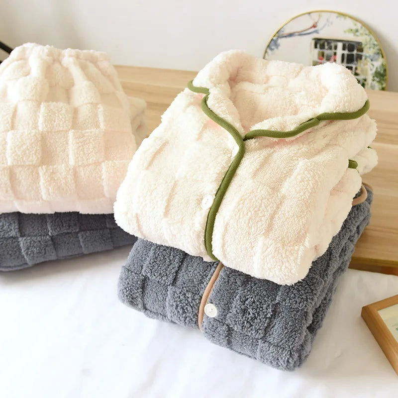 Thickened Flannel Sleepwear Long Sleeve Home Clothes Set for Couples Autumn Winter Warm Home Clothes Polyester Fiber