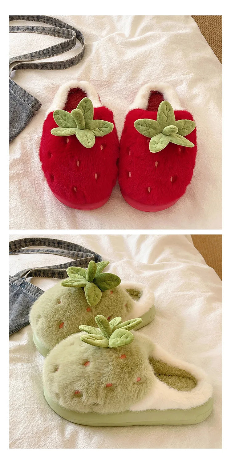 Cute Strawberry Fluffy Slippers Women's Indoor Home Warm Thick Bottom Anti-slip Outdoor Wearable Slip-On Indoor Slippers