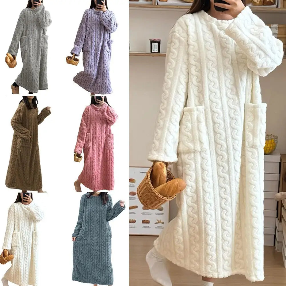 Winter Long Sleeve Flannel Nightgowns Women Loose Double Pocket Solid Sleepwear Jacquard Night Dress Thickened Warm Nightdress