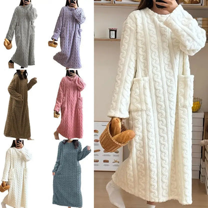 Winter Long Sleeve Flannel Nightgowns Women Loose Double Pocket Solid Sleepwear Jacquard Night Dress Thickened Warm Nightdress