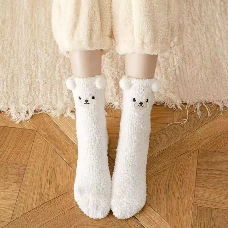 6 pairs of autumn winter coral fleece socks warm bear thick embroidery cartoon simple  comfortable mid tube socks