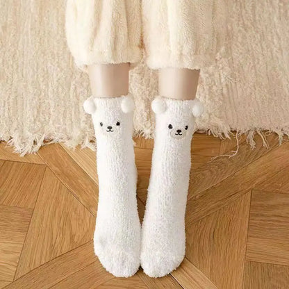6 pairs of autumn winter coral fleece socks warm bear thick embroidery cartoon simple  comfortable mid tube socks
