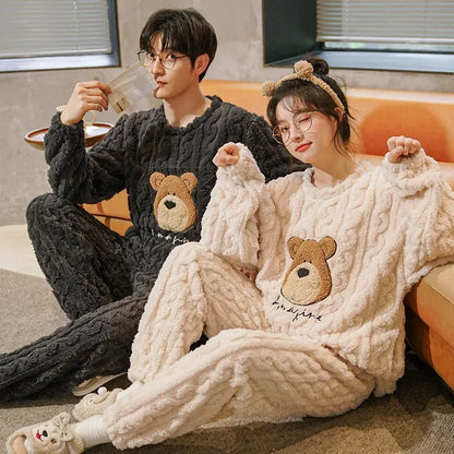 Thickened Coral Fleece Long Sleeve Sleepwear for Couples Spring Autumn Winter Flannel Warm Home Clothes Men Women Winter Home Py