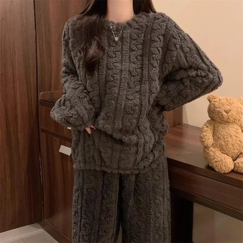 Autumn Winter Sweet Coral Fleece Pajamas Women Fleece-lined Thickened 2025 New Zip-up Flannel Warm Home Wear Set
