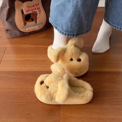 White fluffy dog slippers home cute animal girls flip flops woman home use floor mules warm winter plush puppy shoes