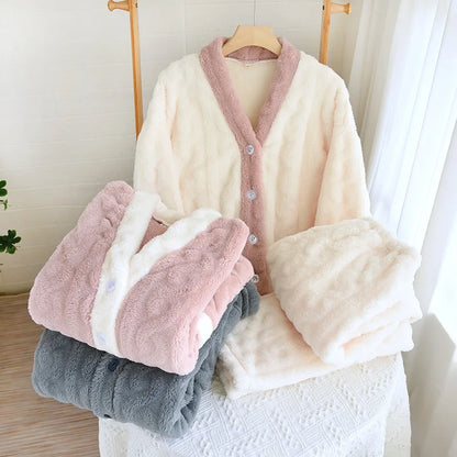Thickened Flannel V-Neck Couple Sleepwear Long Sleeve Home Clothes Set for Autumn Winter Warm Polyester Fiber Open Cardigan