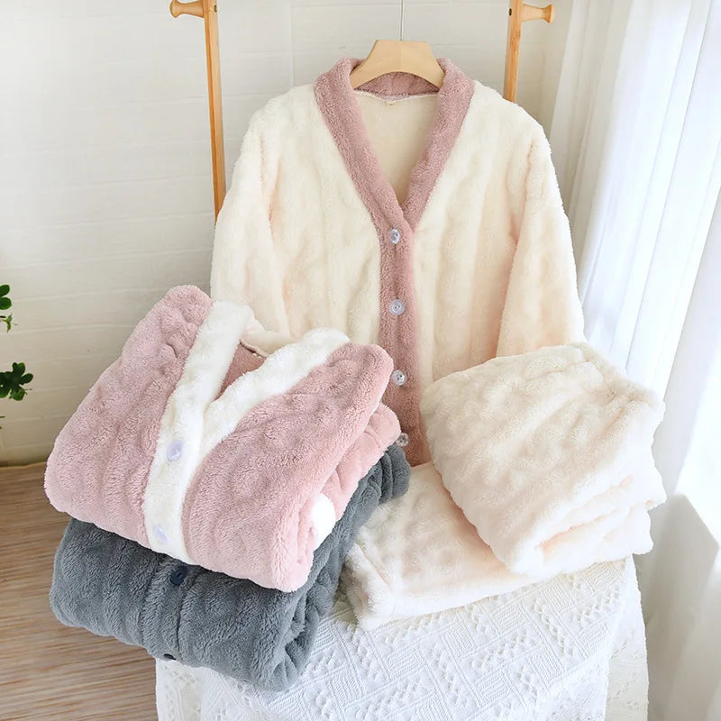 Thickened Flannel V-Neck Couple Sleepwear Long Sleeve Home Clothes Set for Autumn Winter Warm Polyester Fiber Open Cardigan