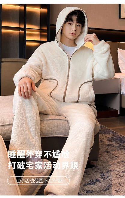 6XL 7XL 8XL Winter Men's Hooded Homewear Heavy Plus Velvet Zipper Cardigan Plus Size Pajamas Pants Keep Warm White Black Suit