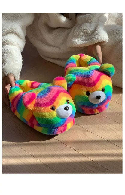 2025 Women's Home Slippers Sweet Fluffy Rainbow Bear Lady slippers indoor Anti slip lightweight keep warm Winter House Shoes 44