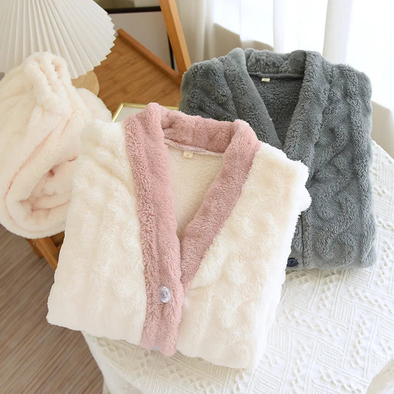 Thickened Flannel V-Neck Couple Sleepwear Long Sleeve Home Clothes Set for Autumn Winter Warm Polyester Fiber Open Cardigan