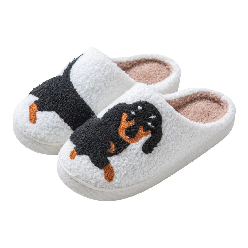 Pet Pattern Dachshund Embroidery Stuffed Home Thick Sole Plaid Furry Cotton Slippers Warm Non-slip Indoor Slippers Pet Mom Gift