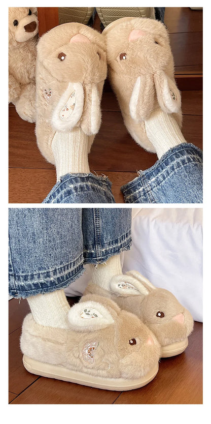 Cute Rabbit Embroidery Cotton Slippers Women's Winter New Style Indoor Home Anti-slip Warm Plush Wrapped Heel Cotton Shoes Ou...