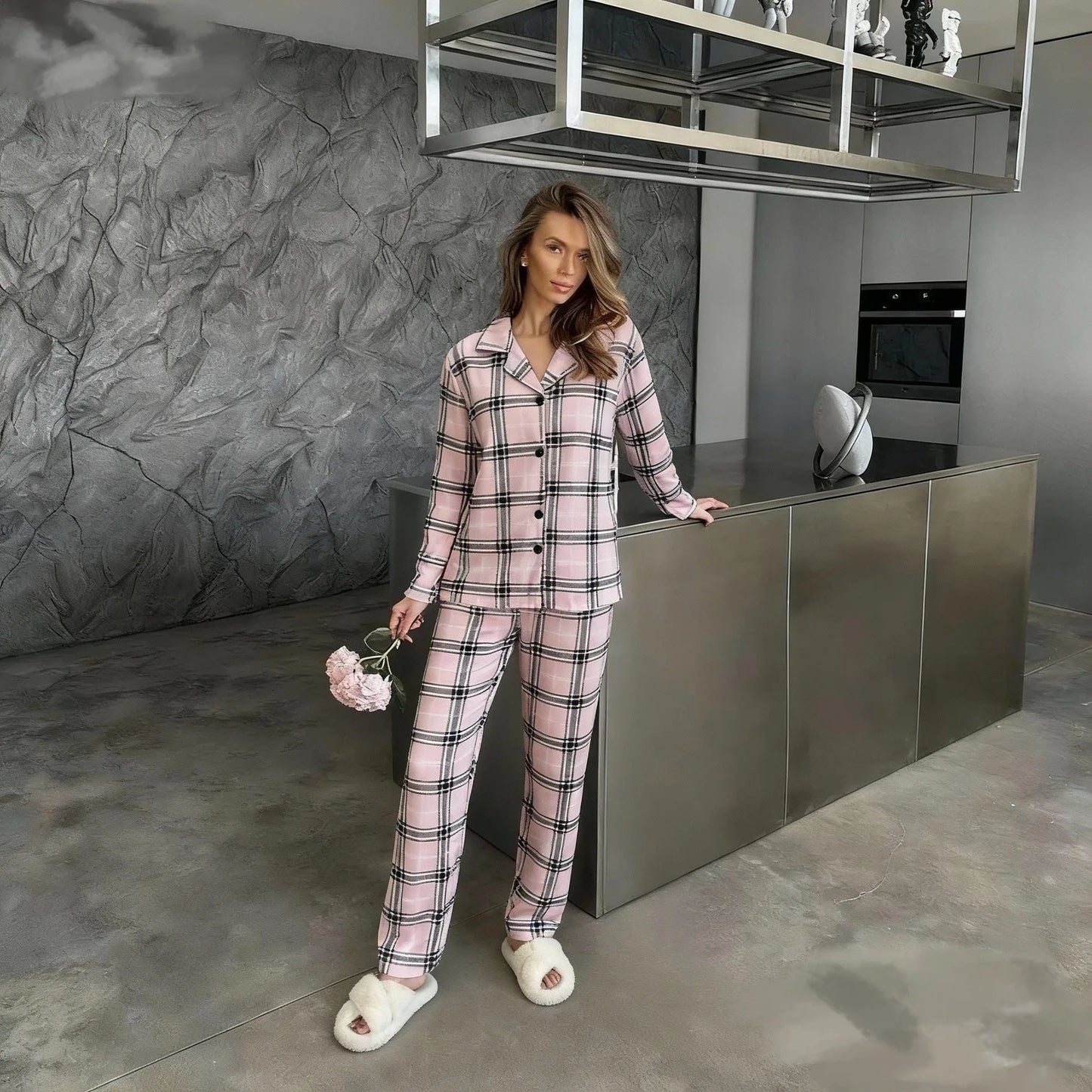 Casual Plaid Pajamas For Women Two Pieces Sleepwear Women's Pajama Trousers Loungewear Sets Nightwear Female Home Suit Clothes