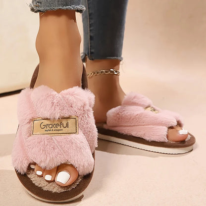 Women's Plush Fuzzy Slippers Home Fur Open-Toe Slides Autumn Winter Indoor Silent Comfort EVA Soft-Soled Bedroom Warm Flip Flops