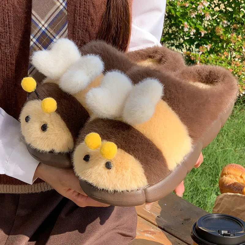 Cute Bee Winter Home Plush Slippers Women's Cotton Slippers Low Heel Soft Bottom Home Shoes Anti-slip Furry Comfortable Footwear