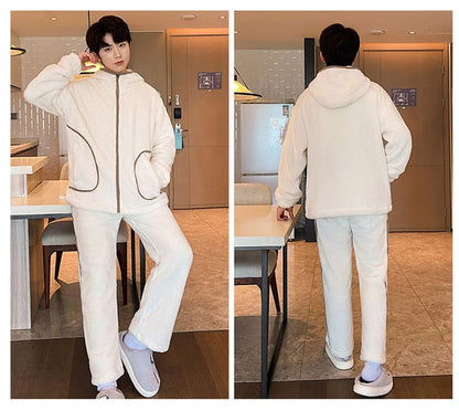 6XL 7XL 8XL Winter Men's Hooded Homewear Heavy Plus Velvet Zipper Cardigan Plus Size Pajamas Pants Keep Warm White Black Suit