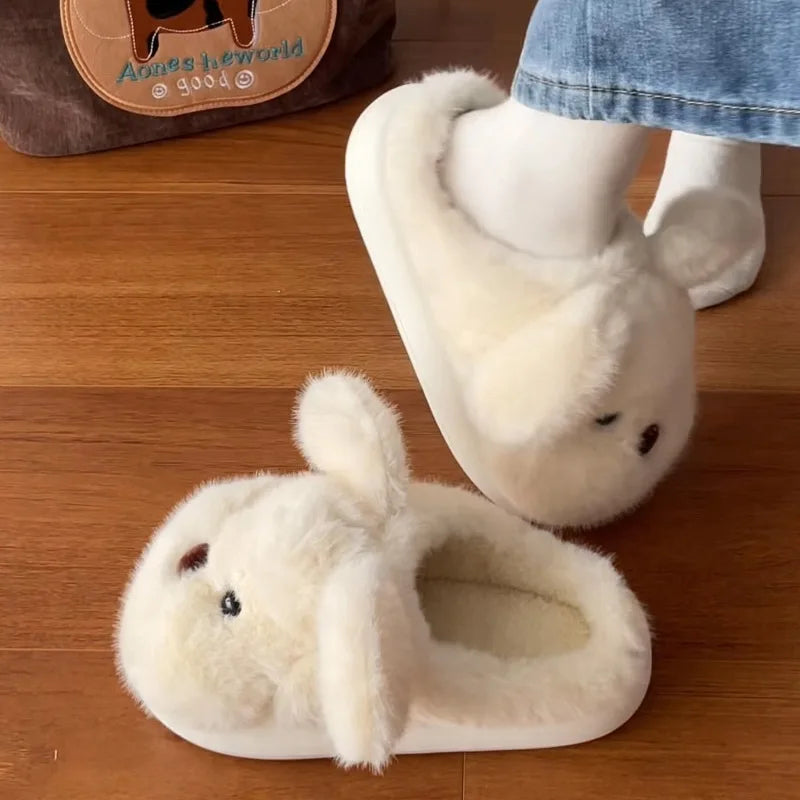 White fluffy dog slippers home cute animal girls flip flops woman home use floor mules warm winter plush puppy shoes