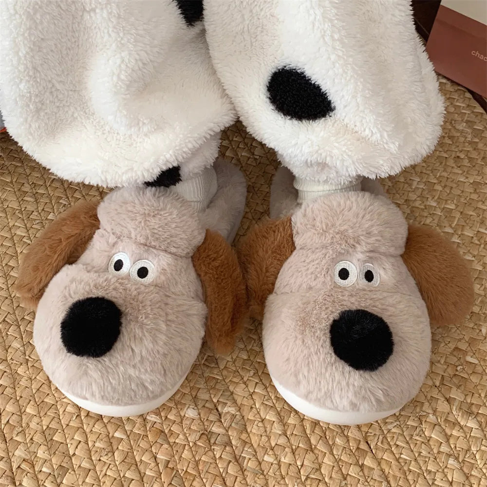 Women Home Soft Sole Cotton Slippers Cartoon Cute Dog Fluffy Slippers Female Winter Slides Ladies Plush Indoor Flats Flip Flops