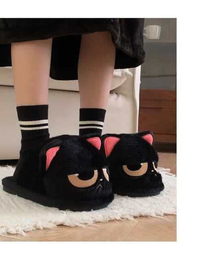 Winter black unhappy kitty slippers women men indoor home slides shoes ladies fun fuzzy kitten slipper cat lovers indoor shoes